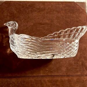 Vintage Elegant Crystal Turkey Sculpture Figural Oval Bowl Centerpiece. NWOT